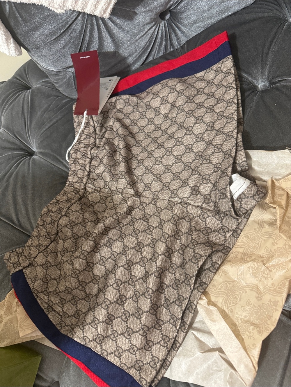 Gucci Beige Brown GG Swim Shorts with Red & Navy Trim